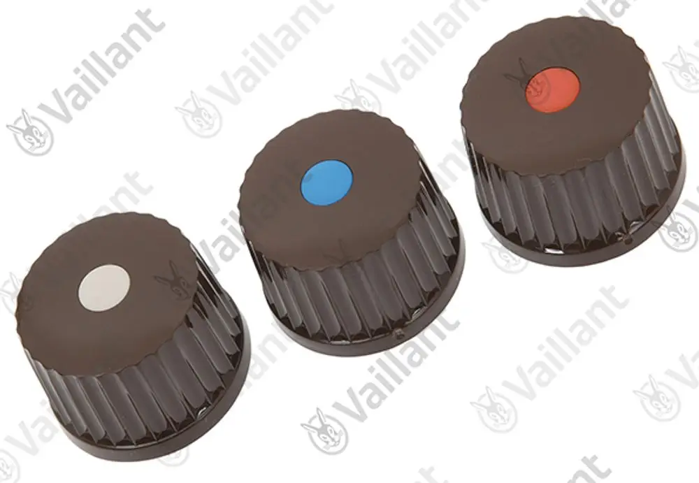 Set aus drei braunen Drehknöpfen mit farbigen Markierungen (weiß, blau, rot) von Vaillant, geeignet für bestimmte Heizungs-, Wasser- oder Klimaanlagen.